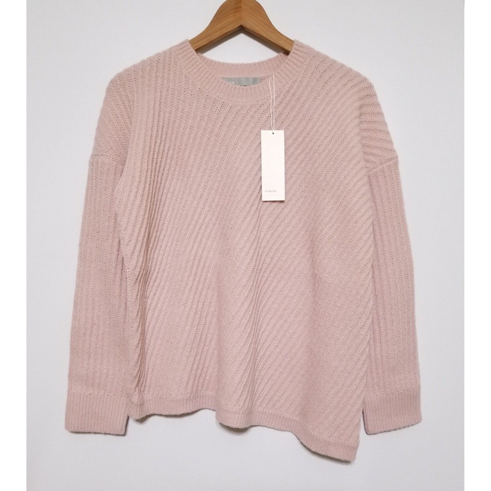 Vince Side Slit Wool Blend Ribbed Knit Crew Neck Sweater Blush Pink XS $325
